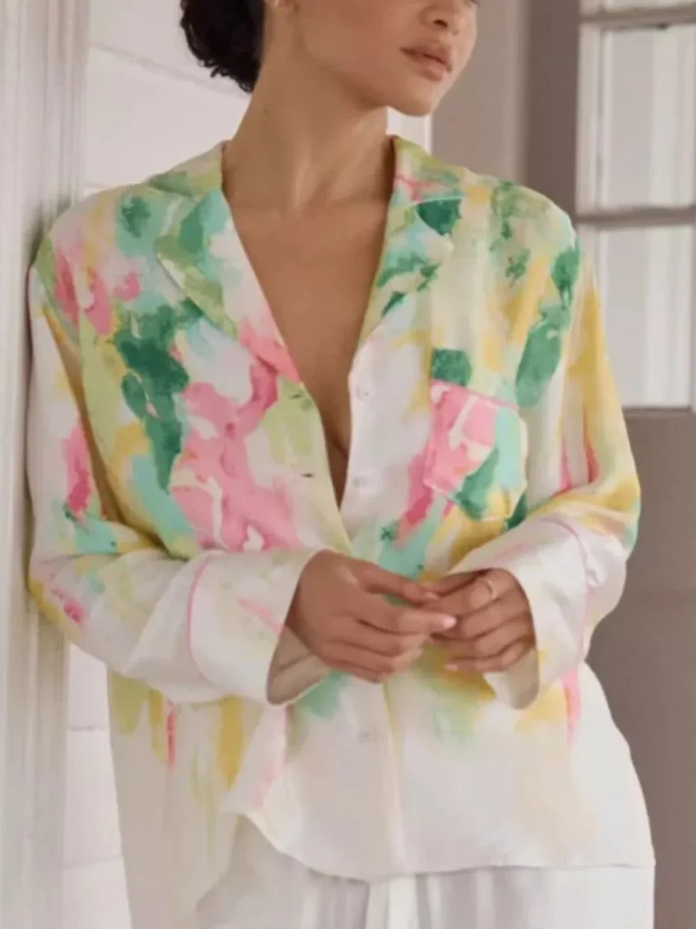 Anthropologie Lyrebird Oversized Pajama PJ Shirt Top in LB Silky Abstract M NWT